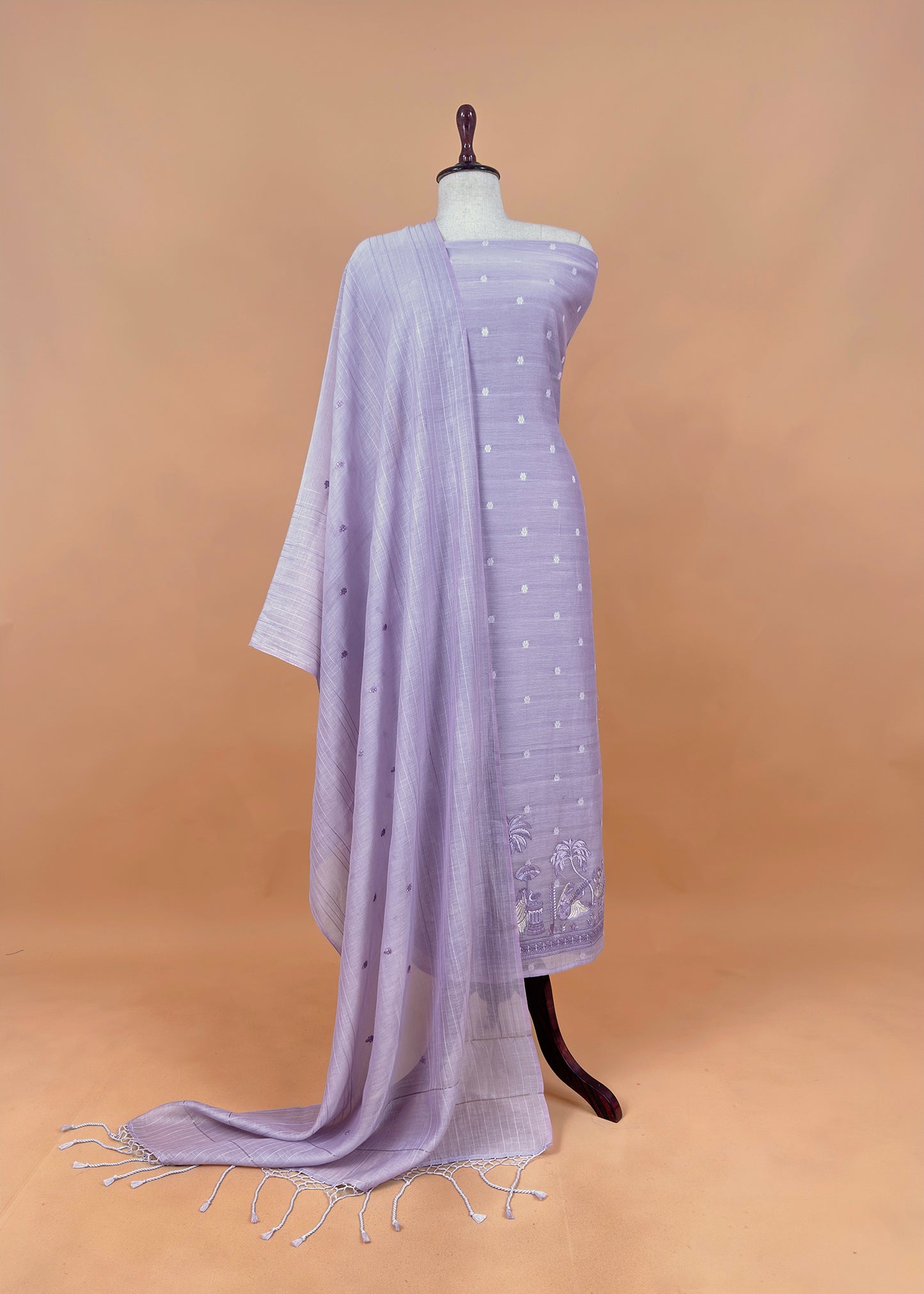 Pastel Lilac Monotone Pure Mulmul Suit Fabric With Nrityam Appliqué Work