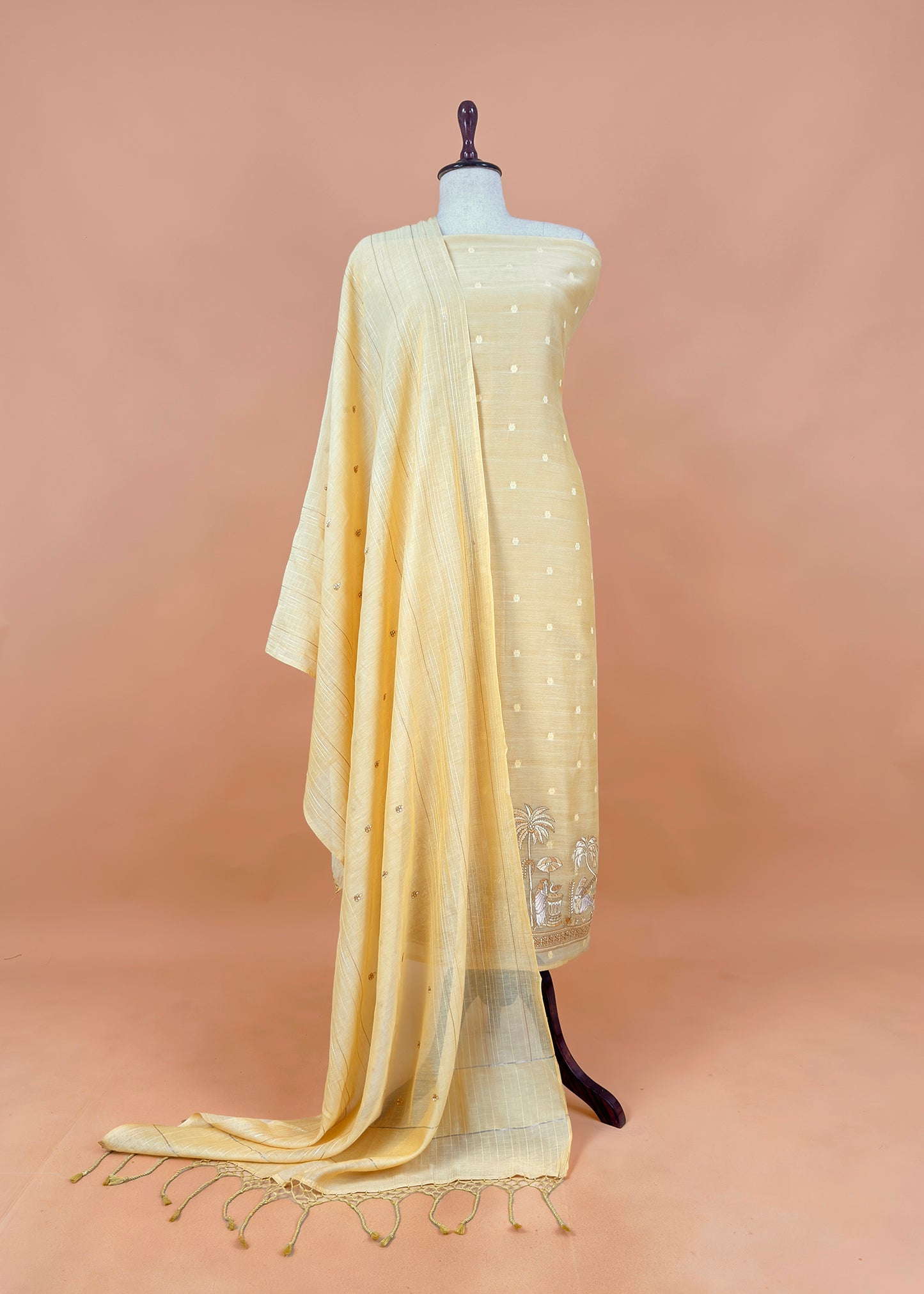 Pastel Yellow Monotone Pure Mulmul Suit Fabric With Nrityam Appliqué Work