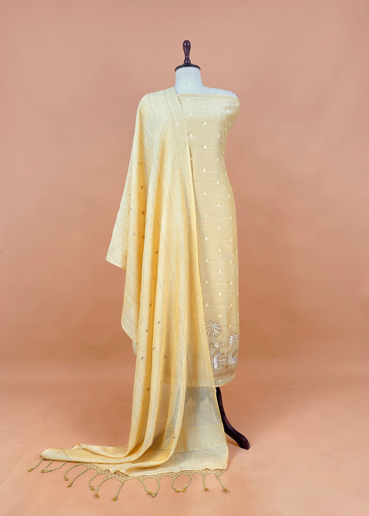 Pastel Yellow Monotone Pure Mulmul Suit Fabric With Nrityam Appliqué Work