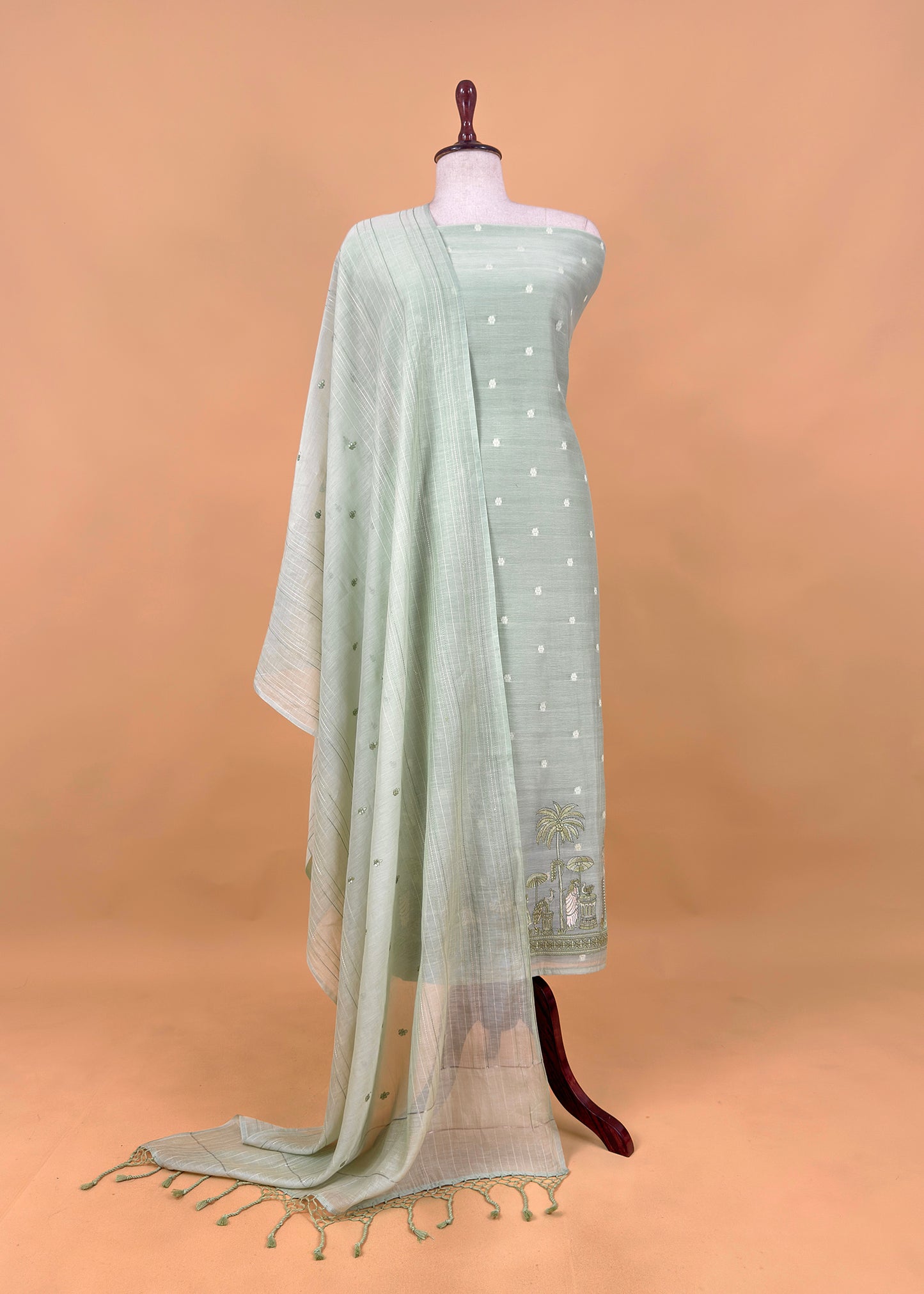 Pastel Basil Green Monotone Pure Mulmul Suit Fabric With Nrityam Appliqué Work