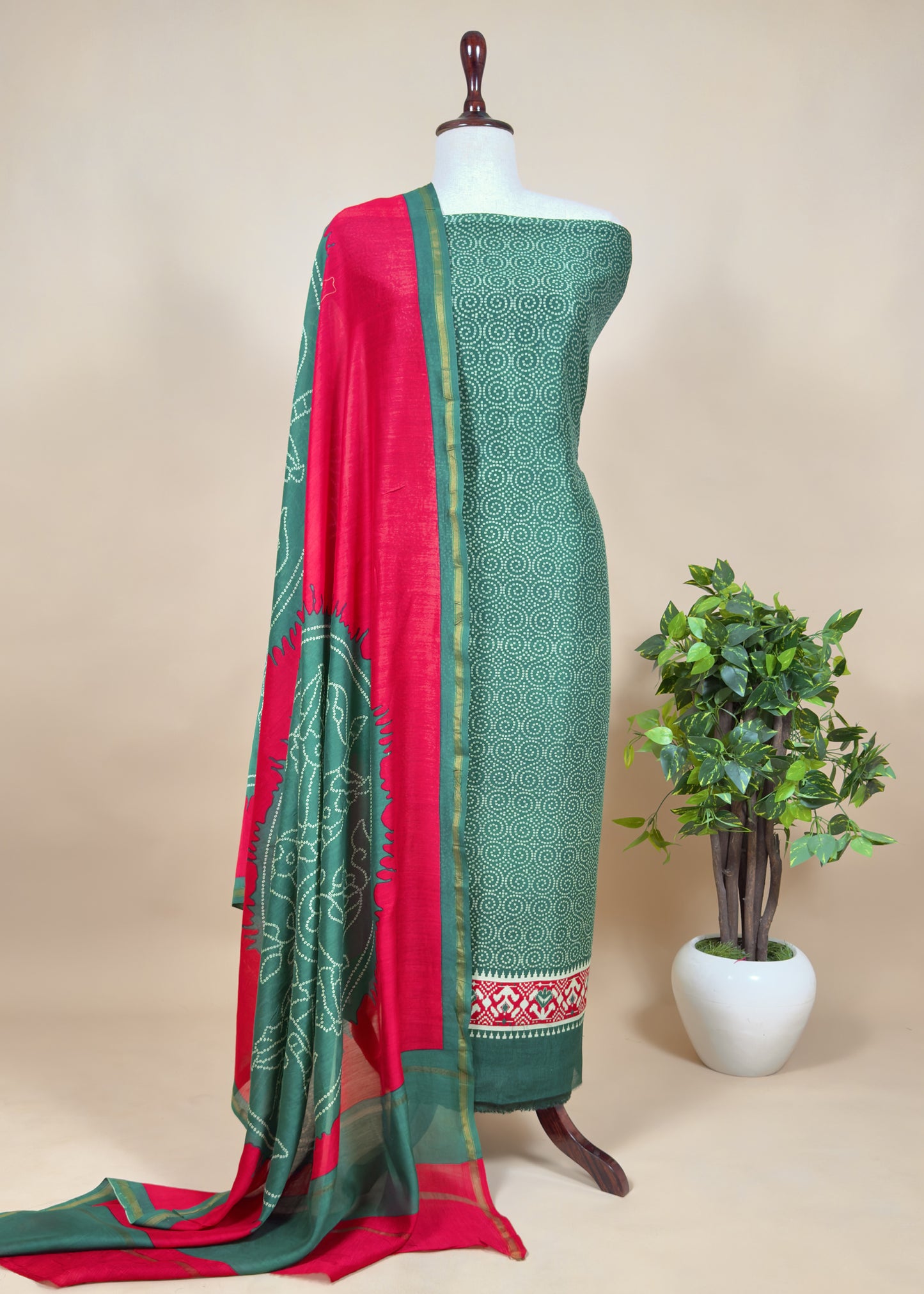 Red Maheshwari Silk Patola Unstitched Suit With Bandhej Dupatta