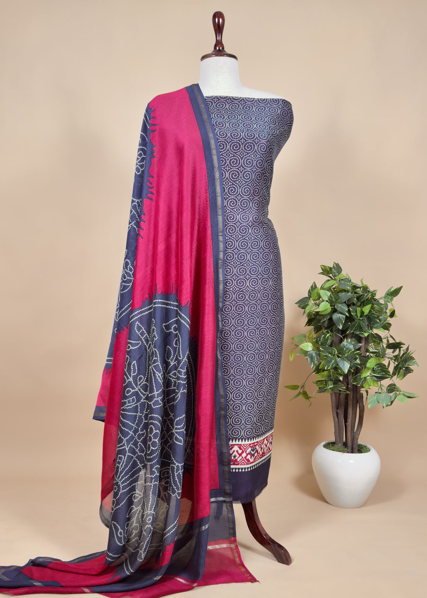 Red Maheshwari Silk Patola Unstitched Suit With Bandhej Dupatta