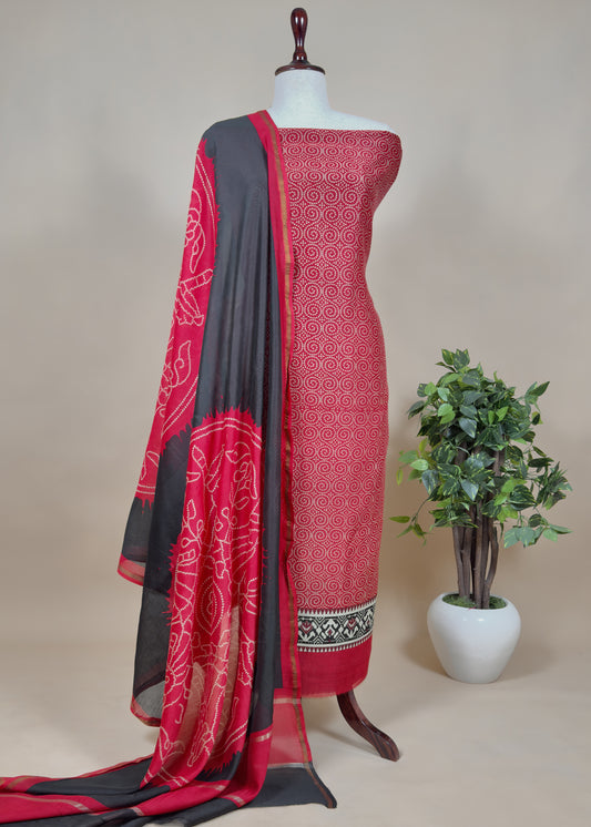 Red Maheshwari Silk Patola Unstitched Suit With Bandhej Dupatta