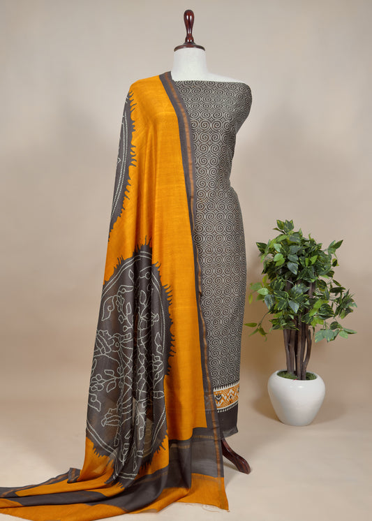 Yellow Maheshwari Silk Patola Unstitched Suit With Bandhej Dupatta