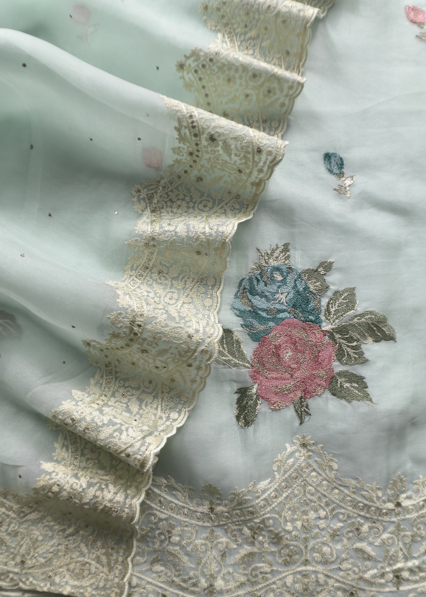 Gulbahar Kalasheel Luxe Powder Blue Handloom Organza Silk Suit With Resham Embroidery