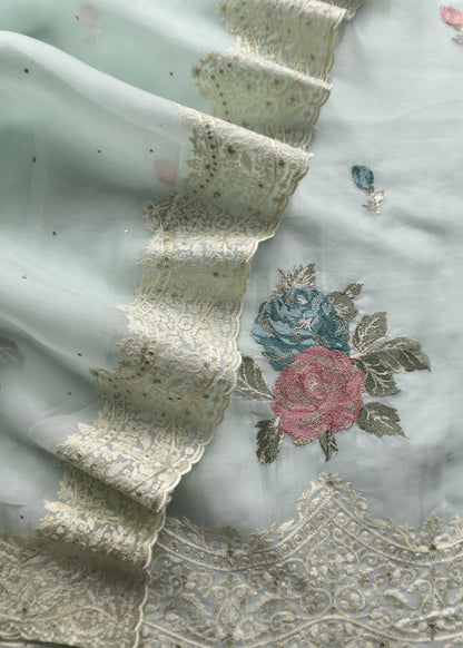 Gulbahar Kalasheel Luxe Powder Blue Handloom Organza Silk Suit With Resham Embroidery