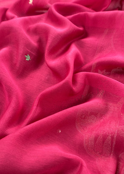 Ruby Red Handloom Mulmul Unstitched Suit Fabric With Handwork