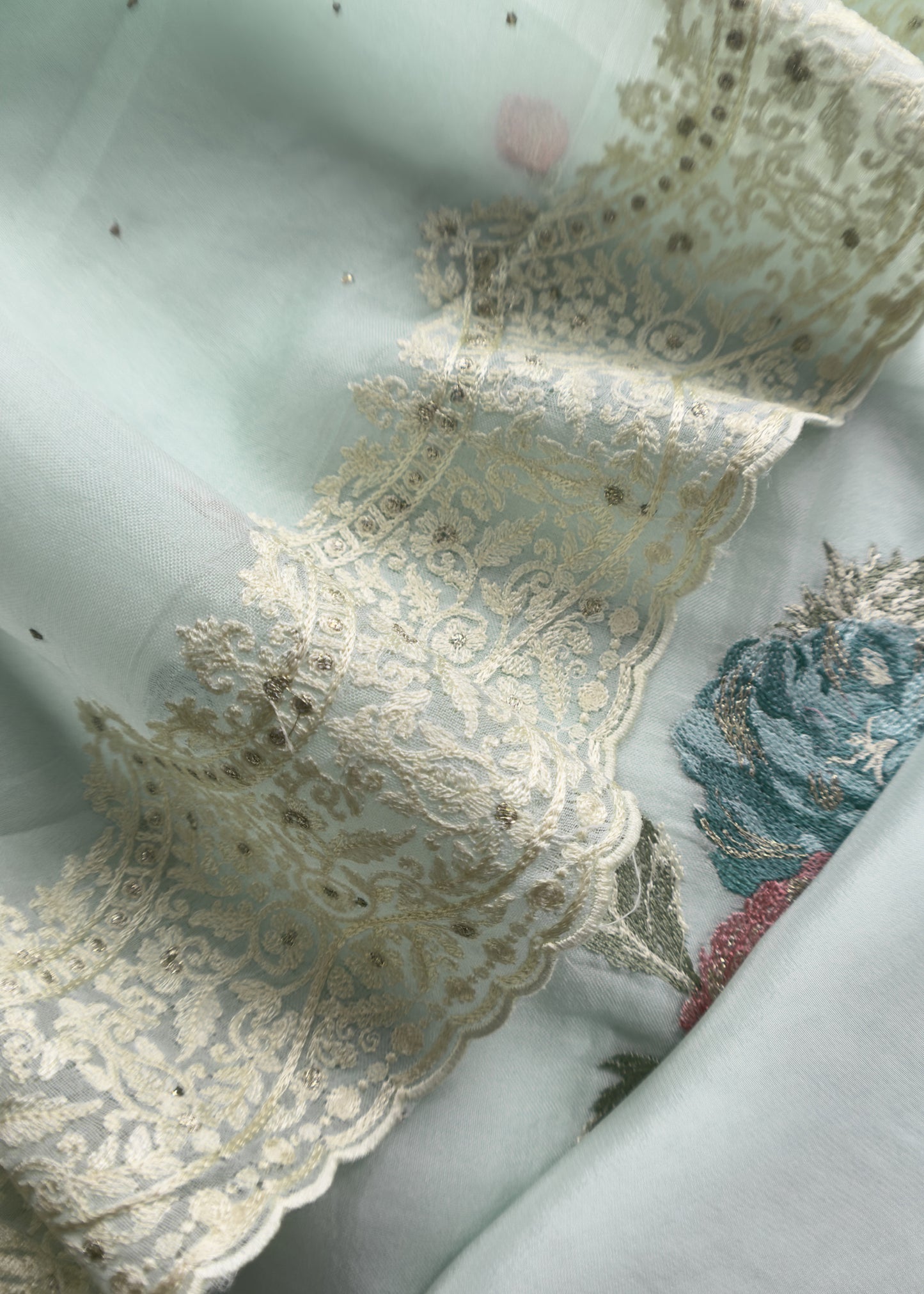 Gulbahar Kalasheel Luxe Powder Blue Handloom Organza Silk Suit With Resham Embroidery