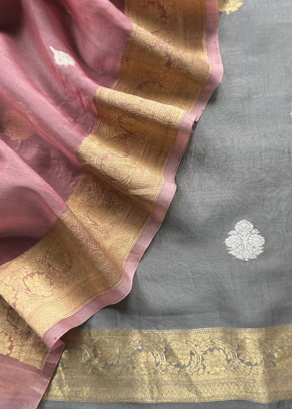 Afreen Grey Pink Handloom Kora Silk Suit Fabric With Kadwa Weaves