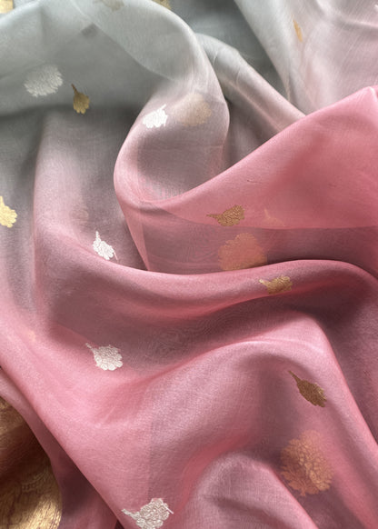 Afreen Grey Pink Handloom Kora Silk Suit Fabric With Kadwa Weaves