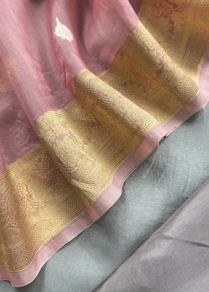 Afreen Grey Pink Handloom Kora Silk Suit Fabric With Kadwa Weaves