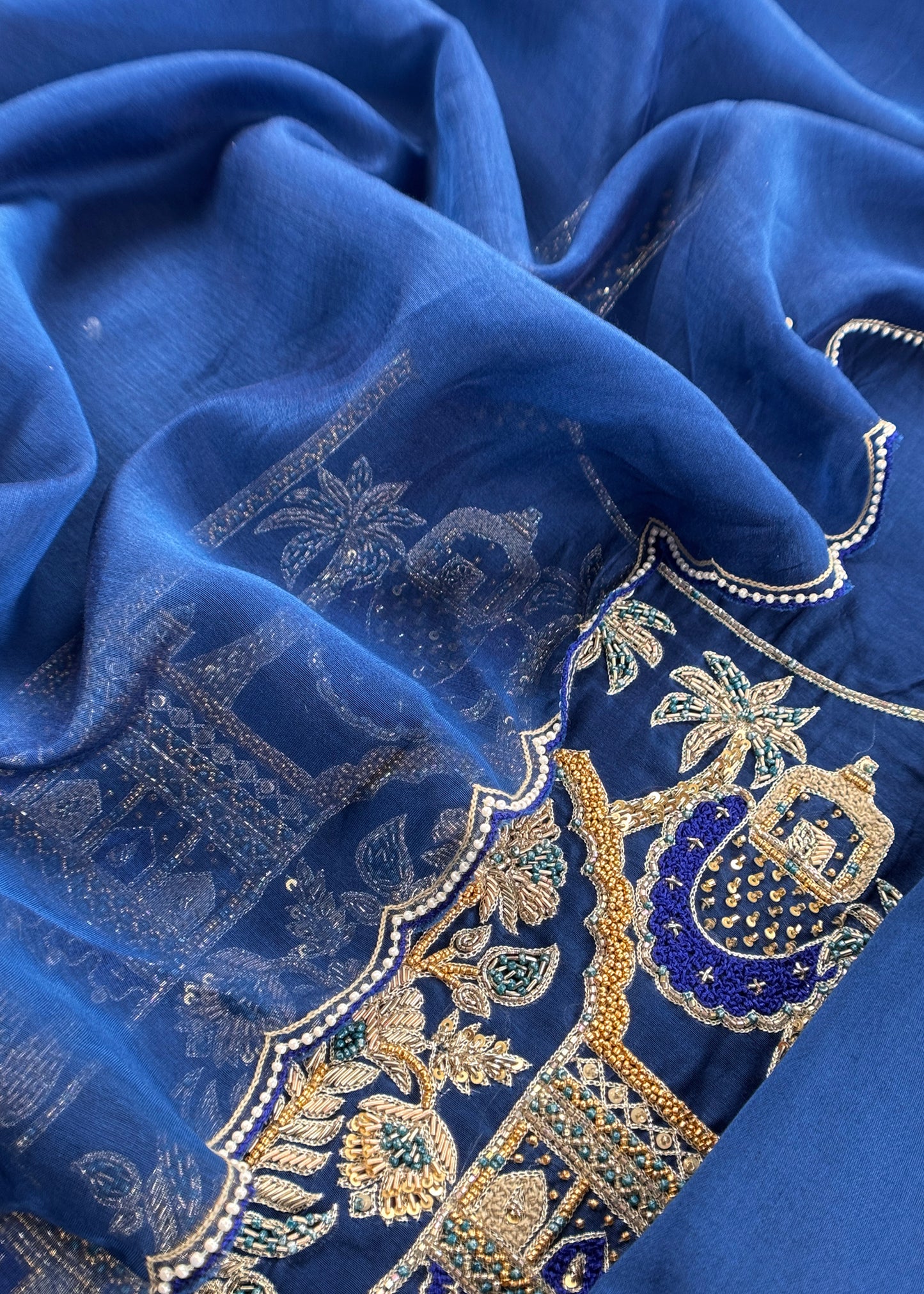 Royal Blue Handloom Mulmul Unstitched Suit Fabric With Handwork