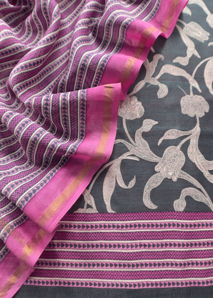 Charcoal Grey and Barbie pink Red Pure Maheshwari Silk Suit