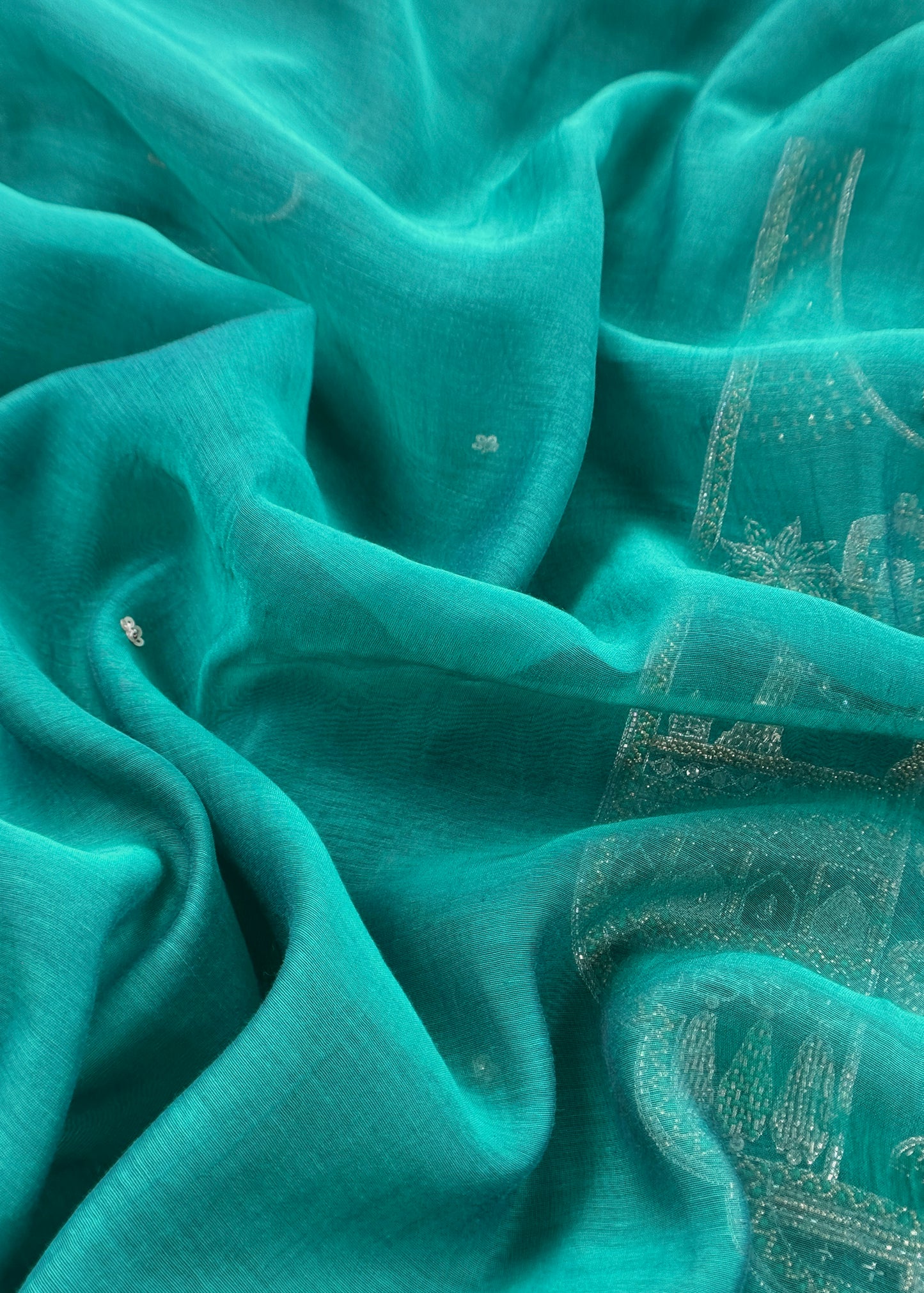 Teal Green Handloom Mulmul Unstitched Suit Fabric With Handwork