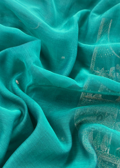Teal Green Handloom Mulmul Unstitched Suit Fabric With Handwork