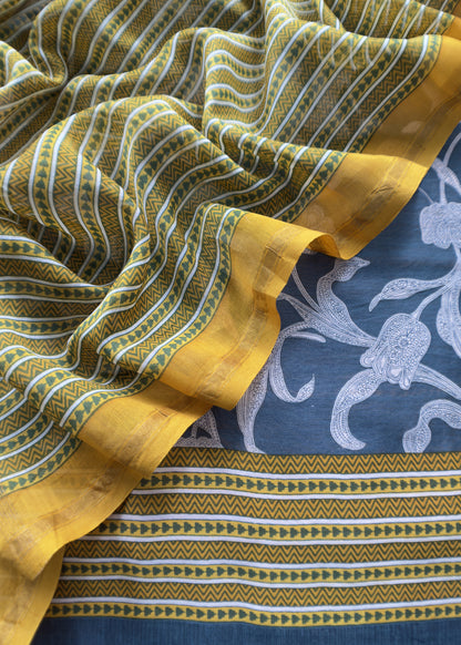 Charcoal Grey And Gold Yellow Pure Maheshwari Silk Suit