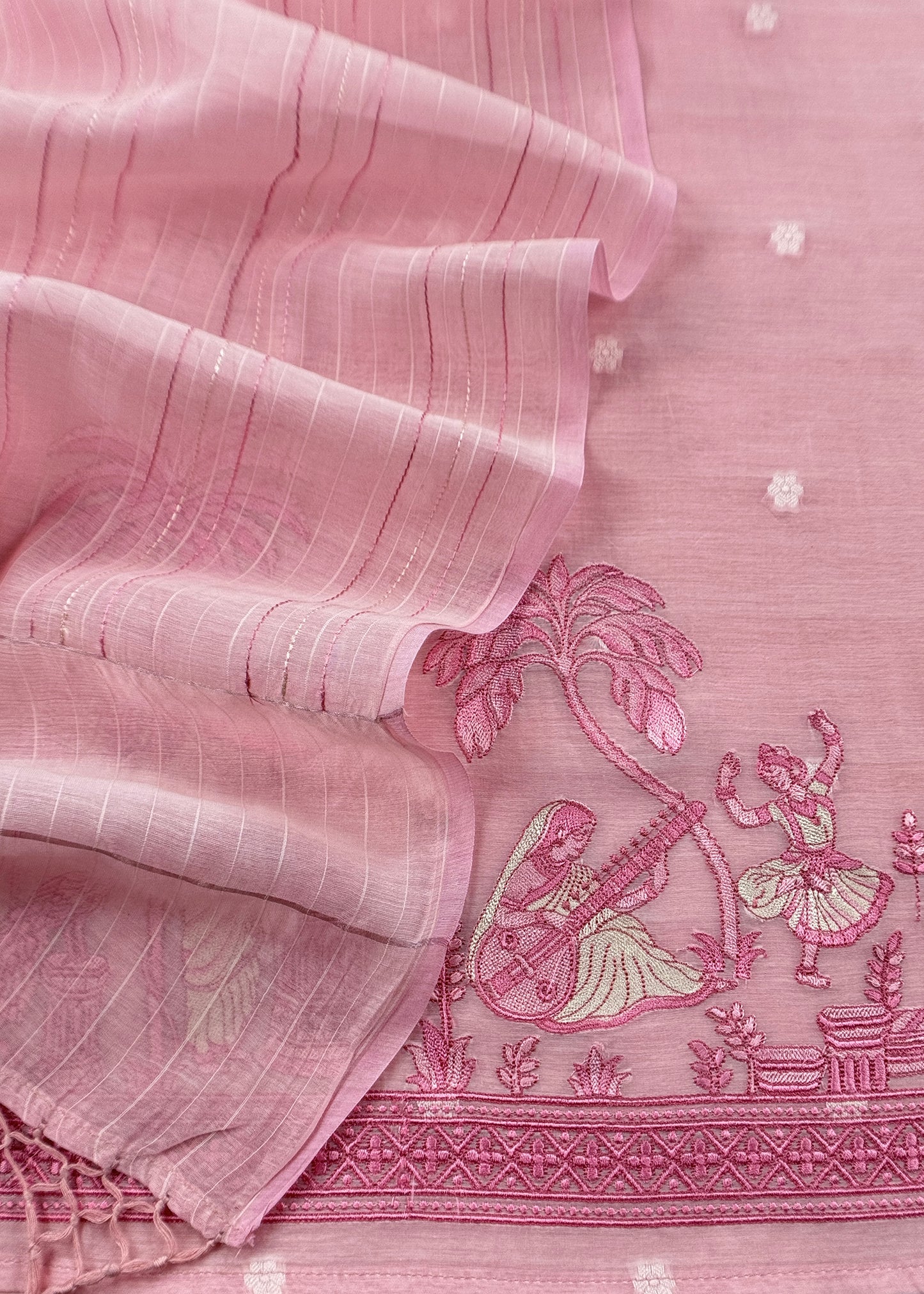 Pastel Baby Pink Monotone Pure Mulmul Suit Fabric With Nrityam Appliqué Work