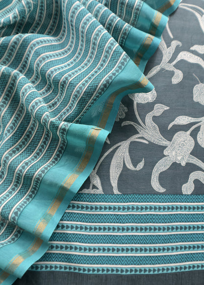 Charcoal Grey And Firozi Pure Maheshwari Silk Suit