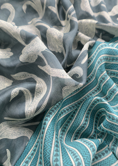 Charcoal Grey And Firozi Pure Maheshwari Silk Suit