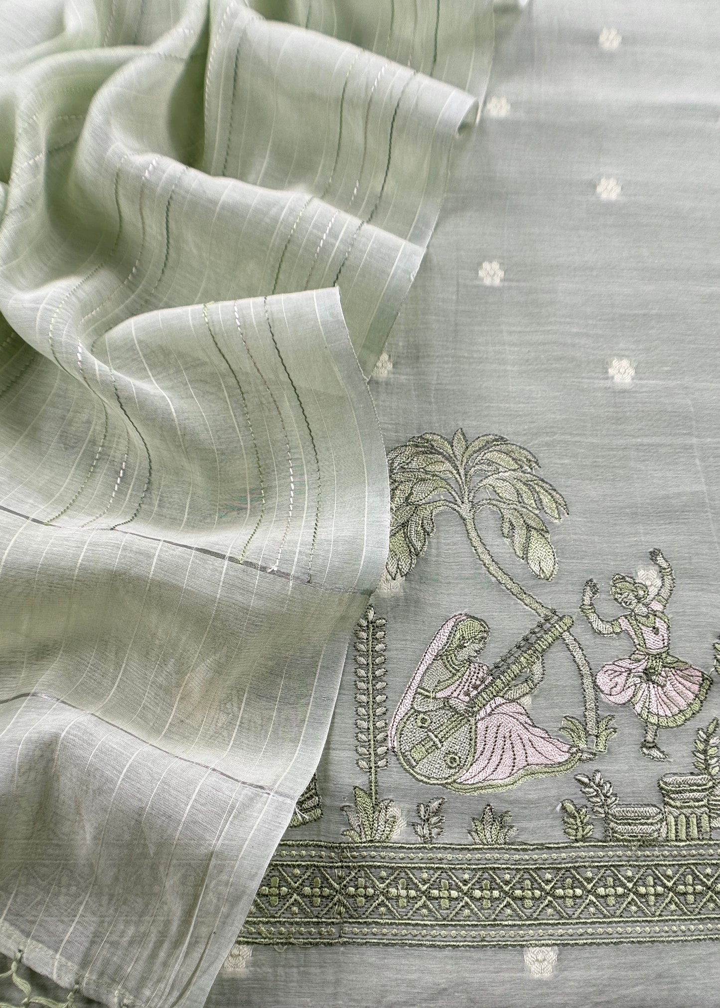 Pastel Basil Green Monotone Pure Mulmul Suit Fabric With Nrityam Appliqué Work