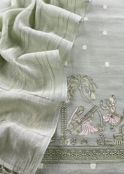 Pastel Basil Green Monotone Pure Mulmul Suit Fabric With Nrityam Appliqué Work