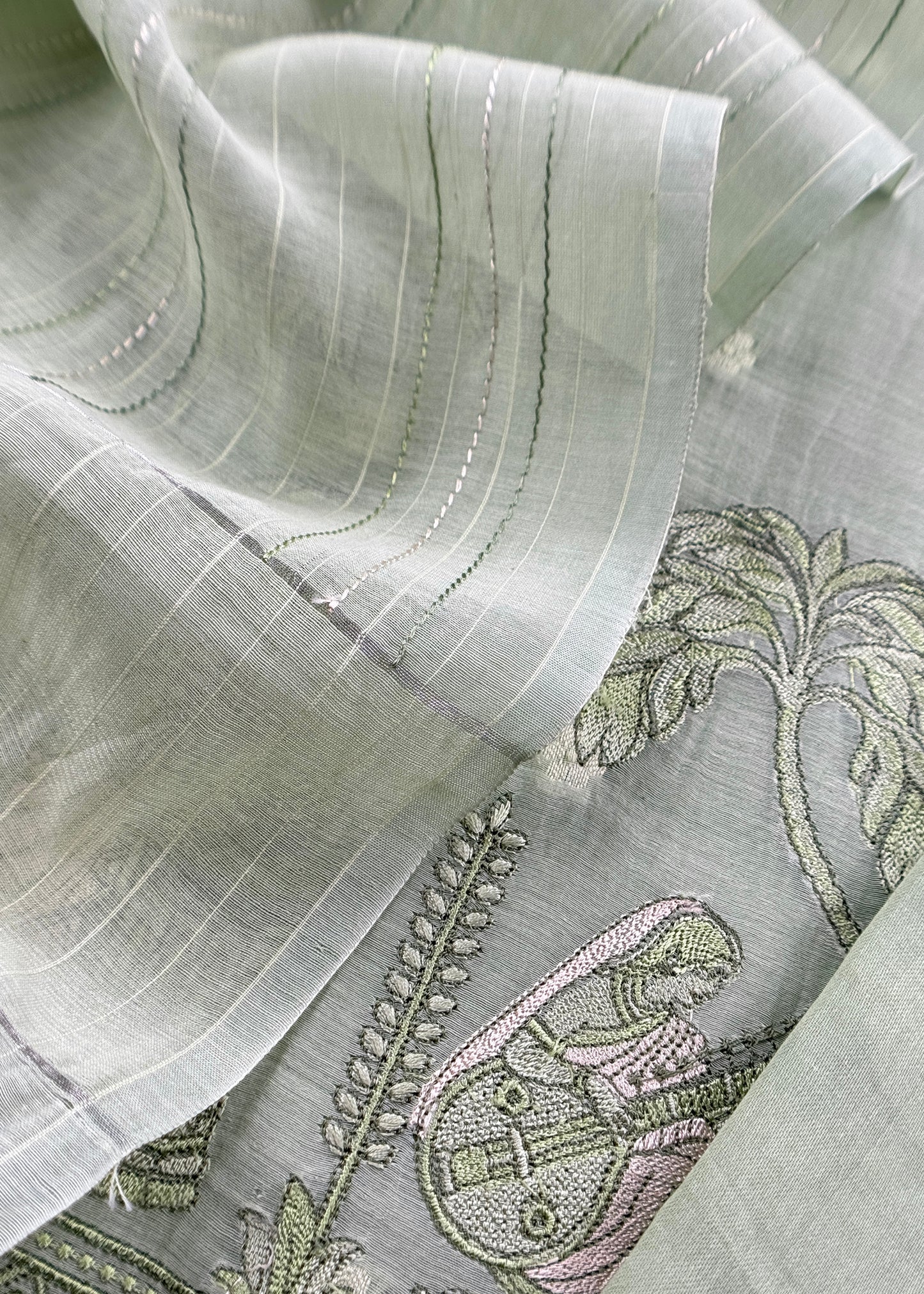 Pastel Basil Green Monotone Pure Mulmul Suit Fabric With Nrityam Appliqué Work