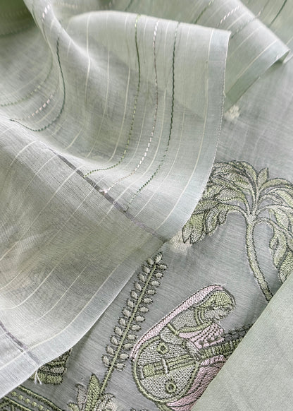 Pastel Basil Green Monotone Pure Mulmul Suit Fabric With Nrityam Appliqué Work