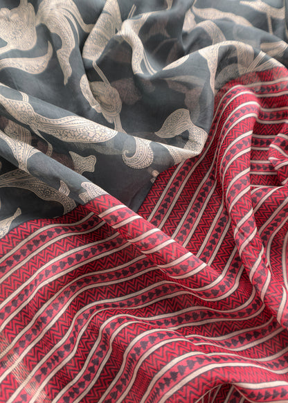 Charcoal Grey And Coral Red Pure Maheshwari Silk Suit