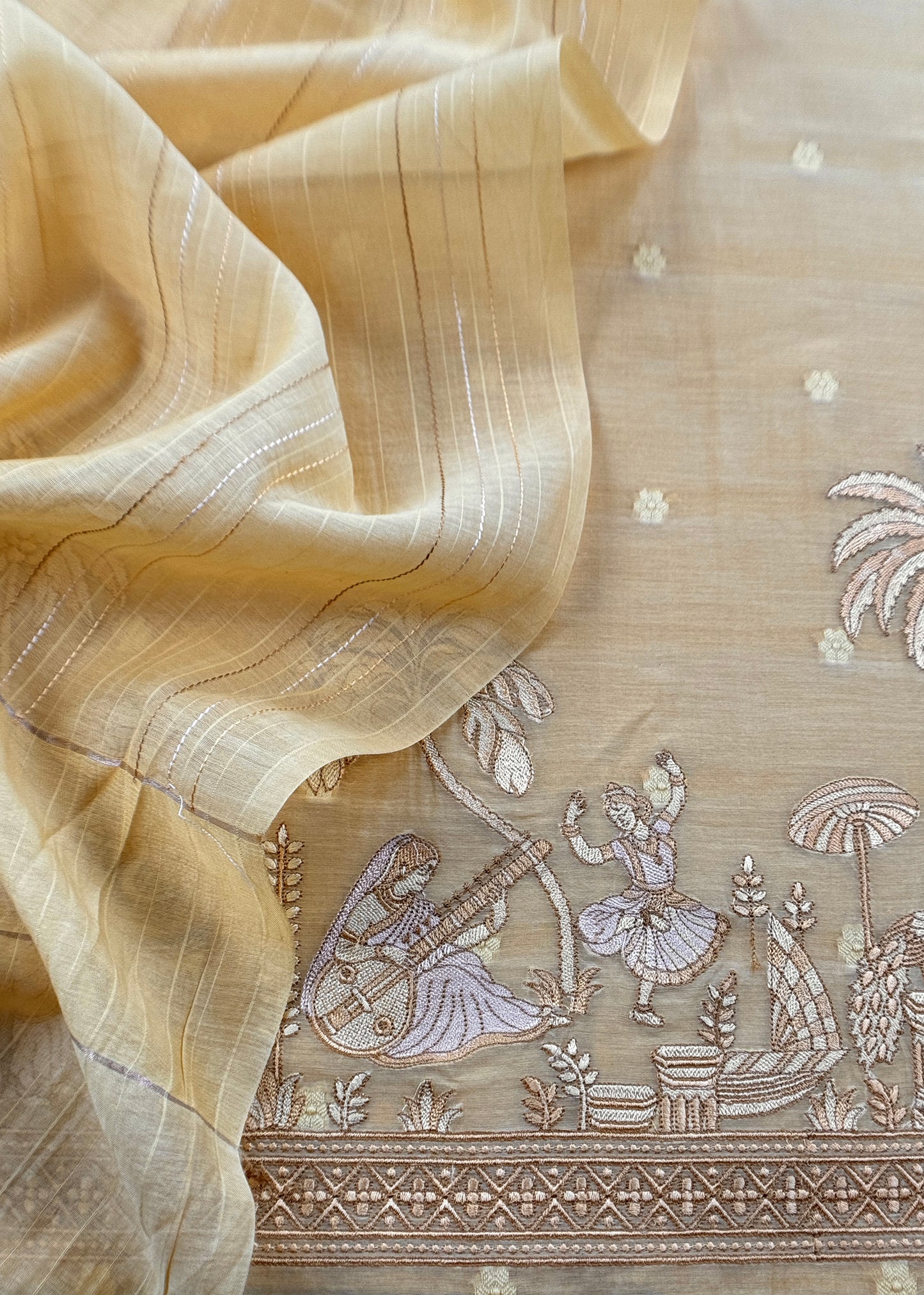 Pastel Yellow Monotone Pure Mulmul Suit Fabric With Nrityam Appliqué Work