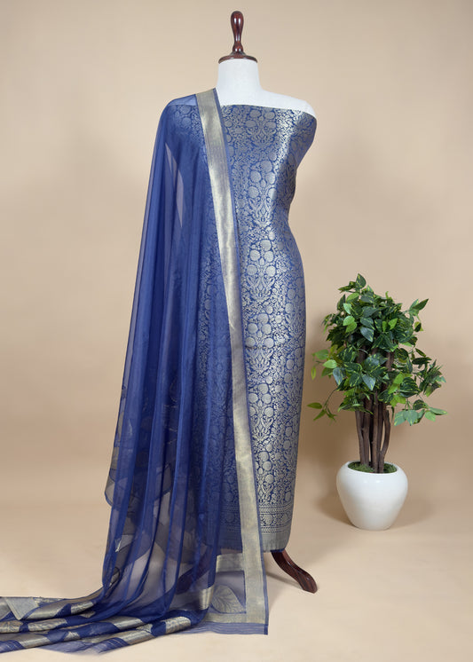 Blue Brocade Kurta With Organza Dupatta