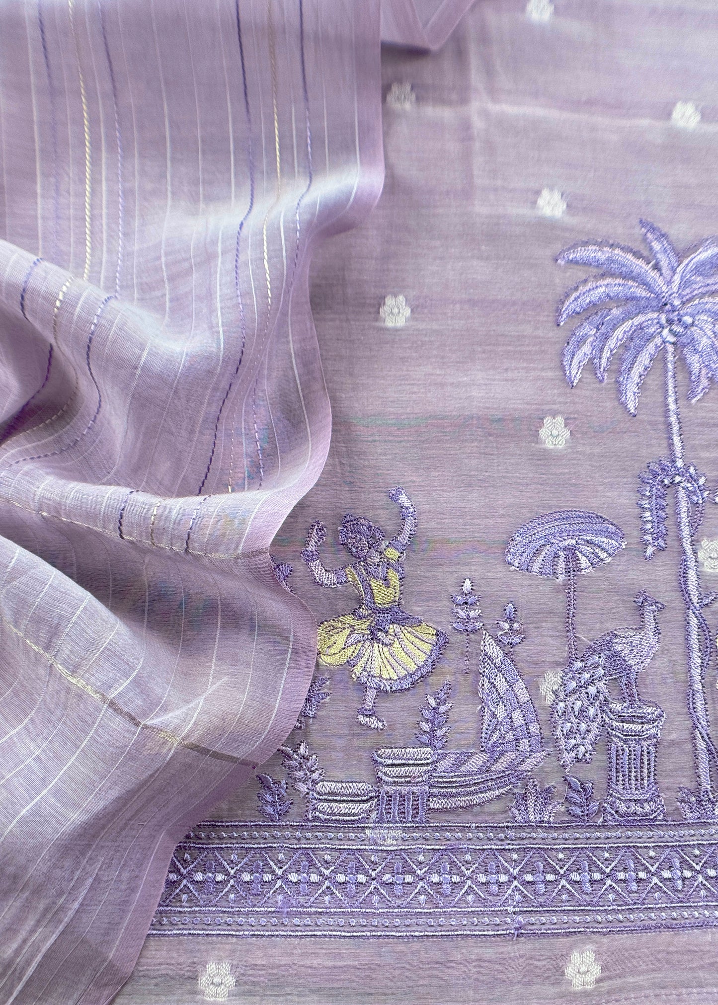Pastel Lilac Monotone Pure Mulmul Suit Fabric With Nrityam Appliqué Work