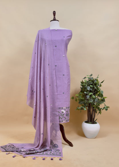 Beige Jamdani Woven Unstitched Suit With Paithani Work