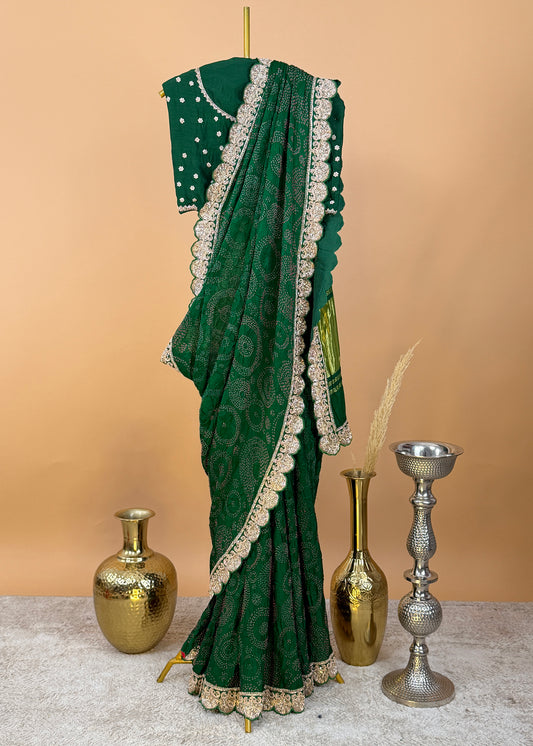 Bottle Green Pure Gajji Silk Saree With Rai Bandhani With Premium Dabka Handwork