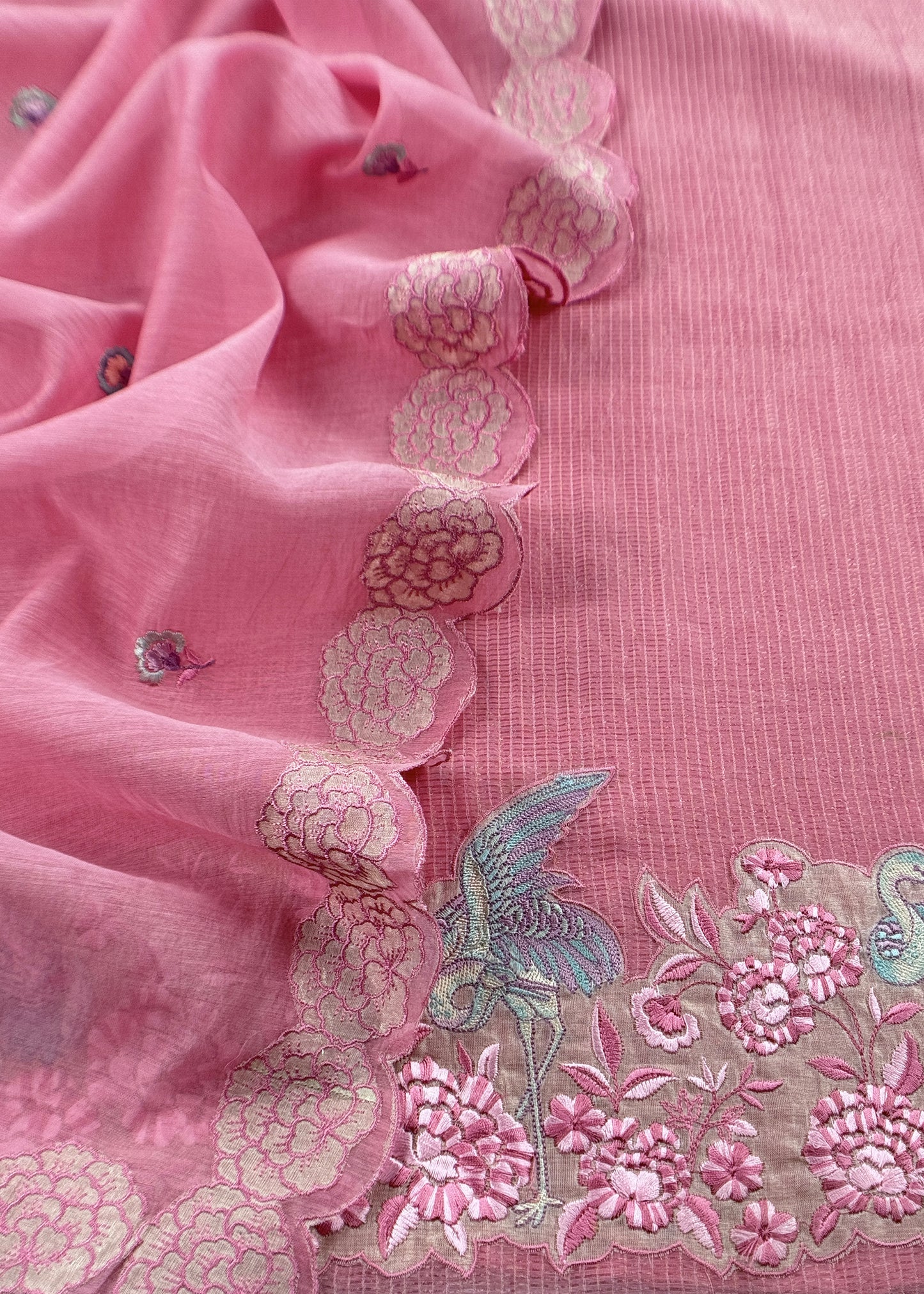 Pink Flamingo Mulmul Tissue Unstitched Suit Fabric With Appliqué Work