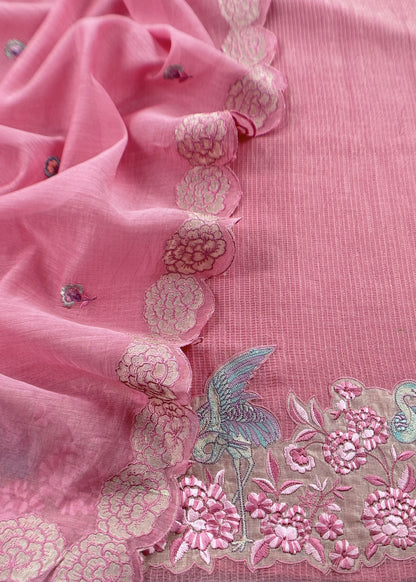 Pink Flamingo Mulmul Tissue Unstitched Suit Fabric With Appliqué Work