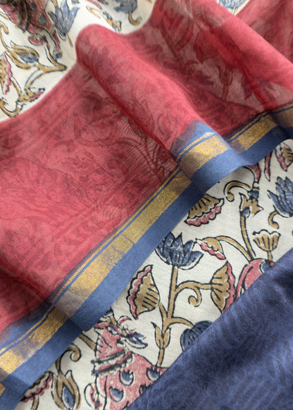 Off White With Blue Handloom Maheshwari Silk Suit With Pichwai Print And Kantha Work