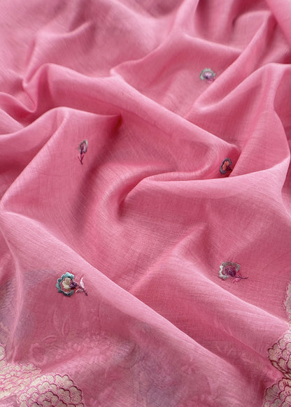 Pink Flamingo Mulmul Tissue Unstitched Suit Fabric With Appliqué Work
