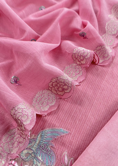 Pink Flamingo Mulmul Tissue Unstitched Suit Fabric With Appliqué Work
