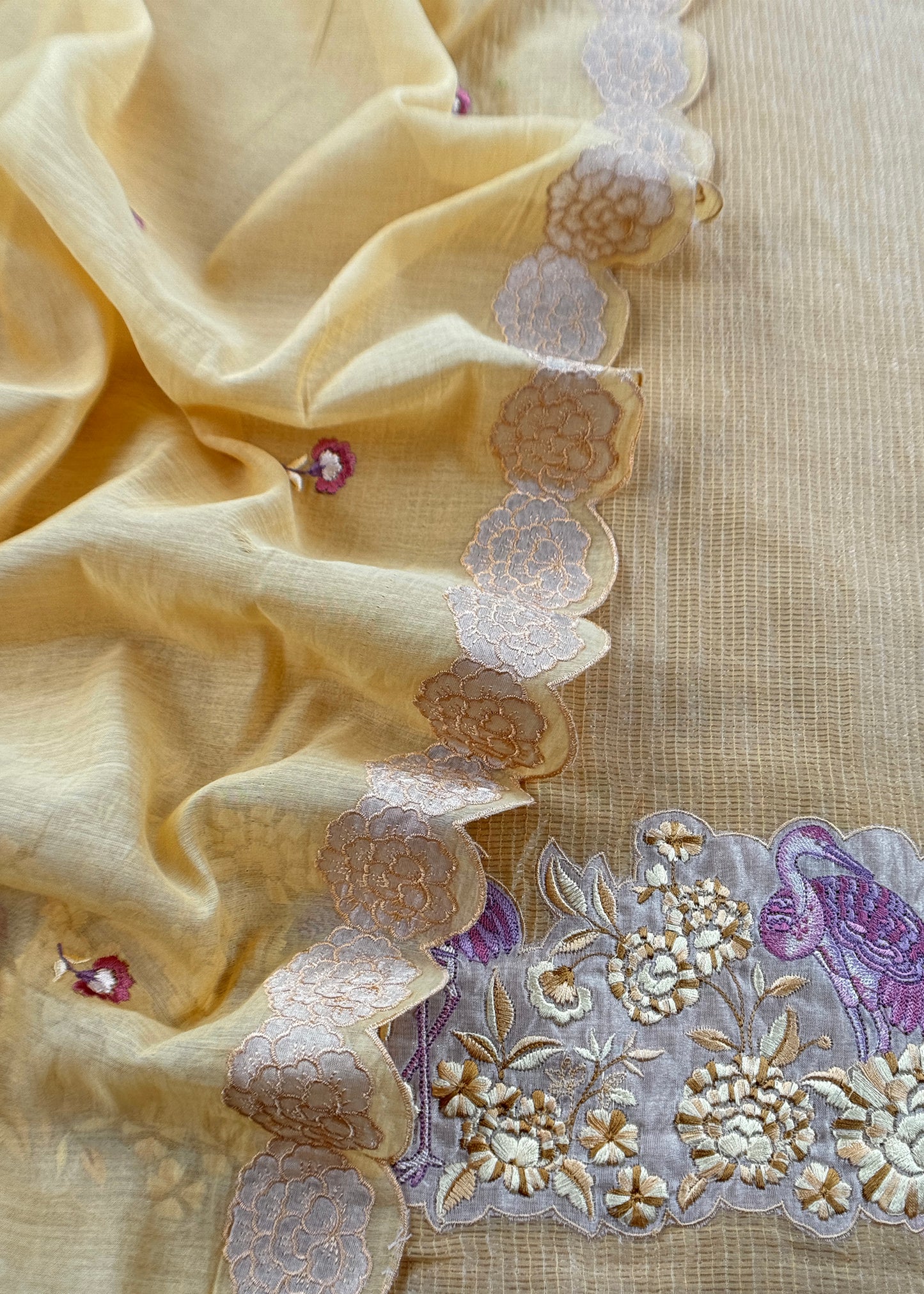 Light Yellow Flamingo Mulmul Tissue Unstitched Suit Fabric With Appliqué work