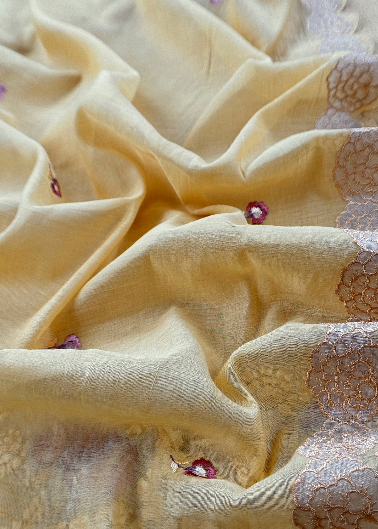 Light Yellow Flamingo Mulmul Tissue Unstitched Suit Fabric With Appliqué work