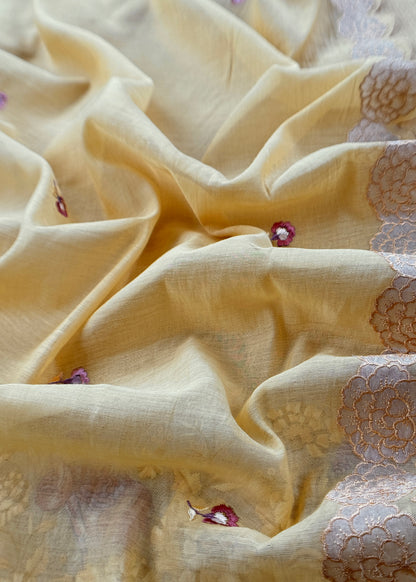 Light Yellow Flamingo Mulmul Tissue Unstitched Suit Fabric With Appliqué work