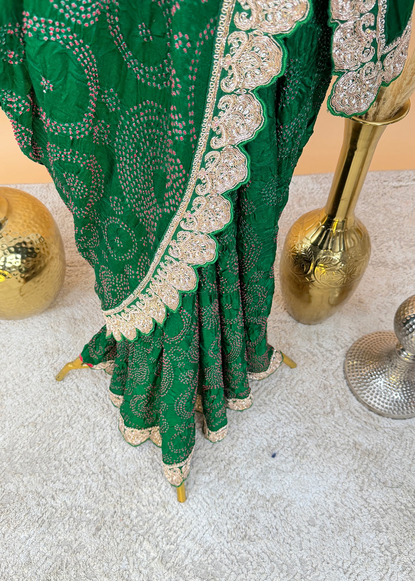 Bottle Green Pure Gajji Silk Saree With Rai Bandhani With Premium Dabka Handwork