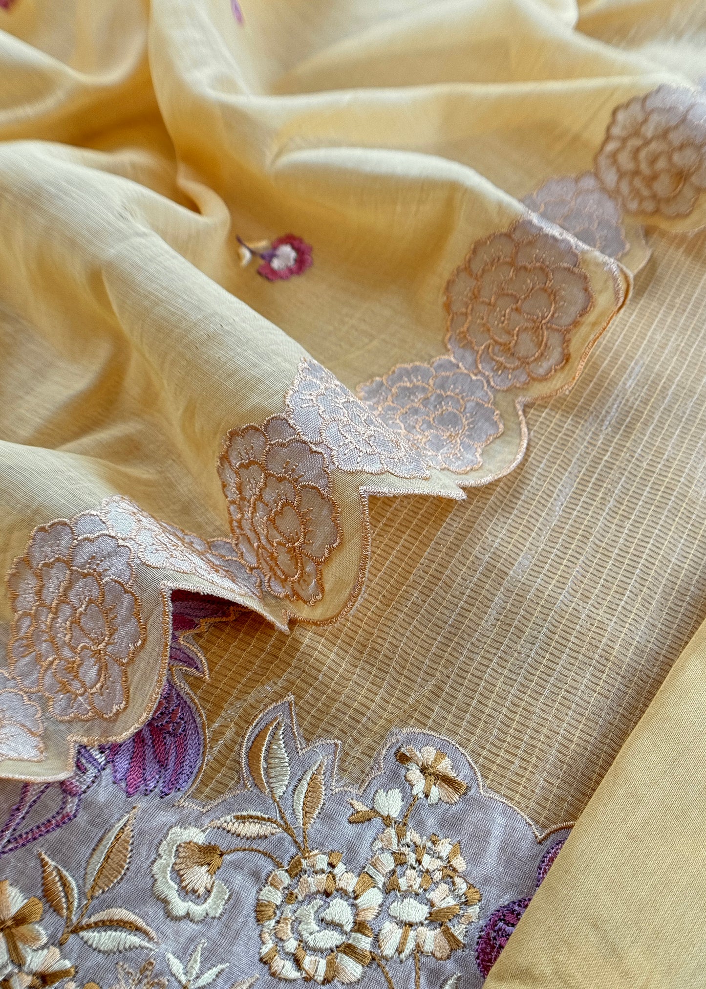 Light Yellow Flamingo Mulmul Tissue Unstitched Suit Fabric With Appliqué work