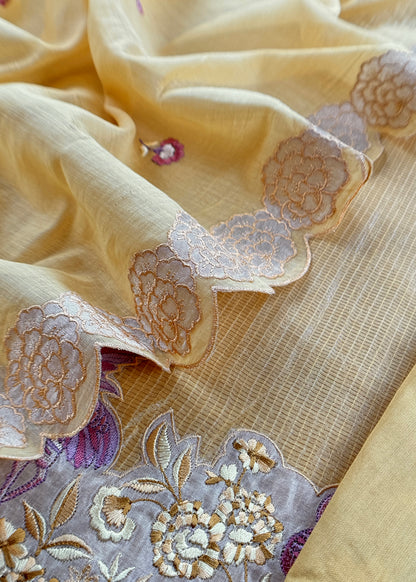 Light Yellow Flamingo Mulmul Tissue Unstitched Suit Fabric With Appliqué work