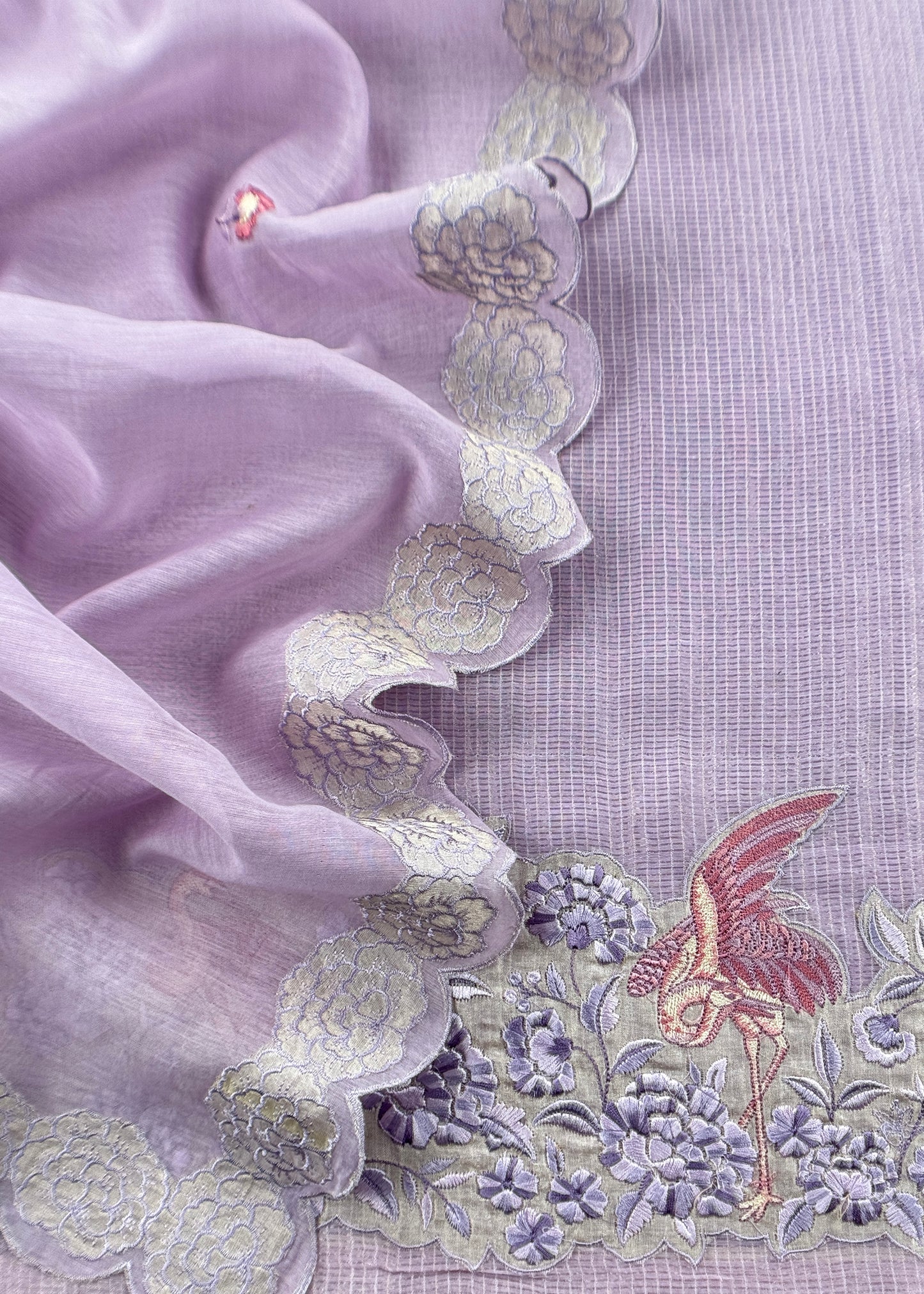 Lavender Flamingo Mulmul Tissue Unstitched Suit Fabric With Appliqué Work