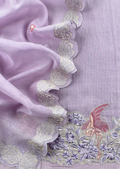 Lavender Flamingo Mulmul Tissue Unstitched Suit Fabric With Appliqué Work