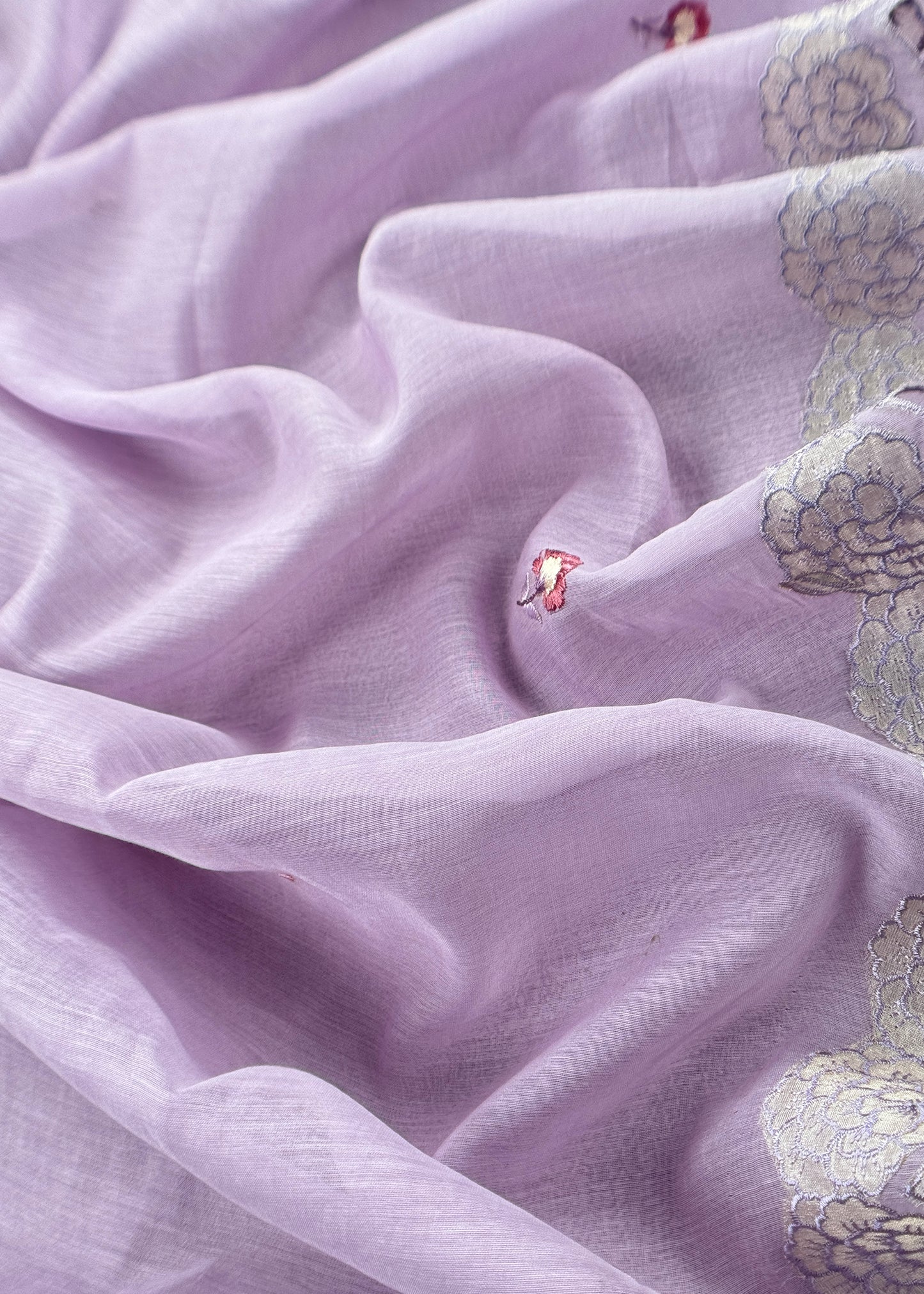 Lavender Flamingo Mulmul Tissue Unstitched Suit Fabric With Appliqué Work