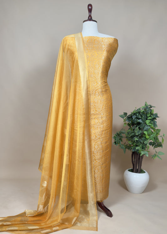 Yellow Brocade Kurta With Organza Dupatta