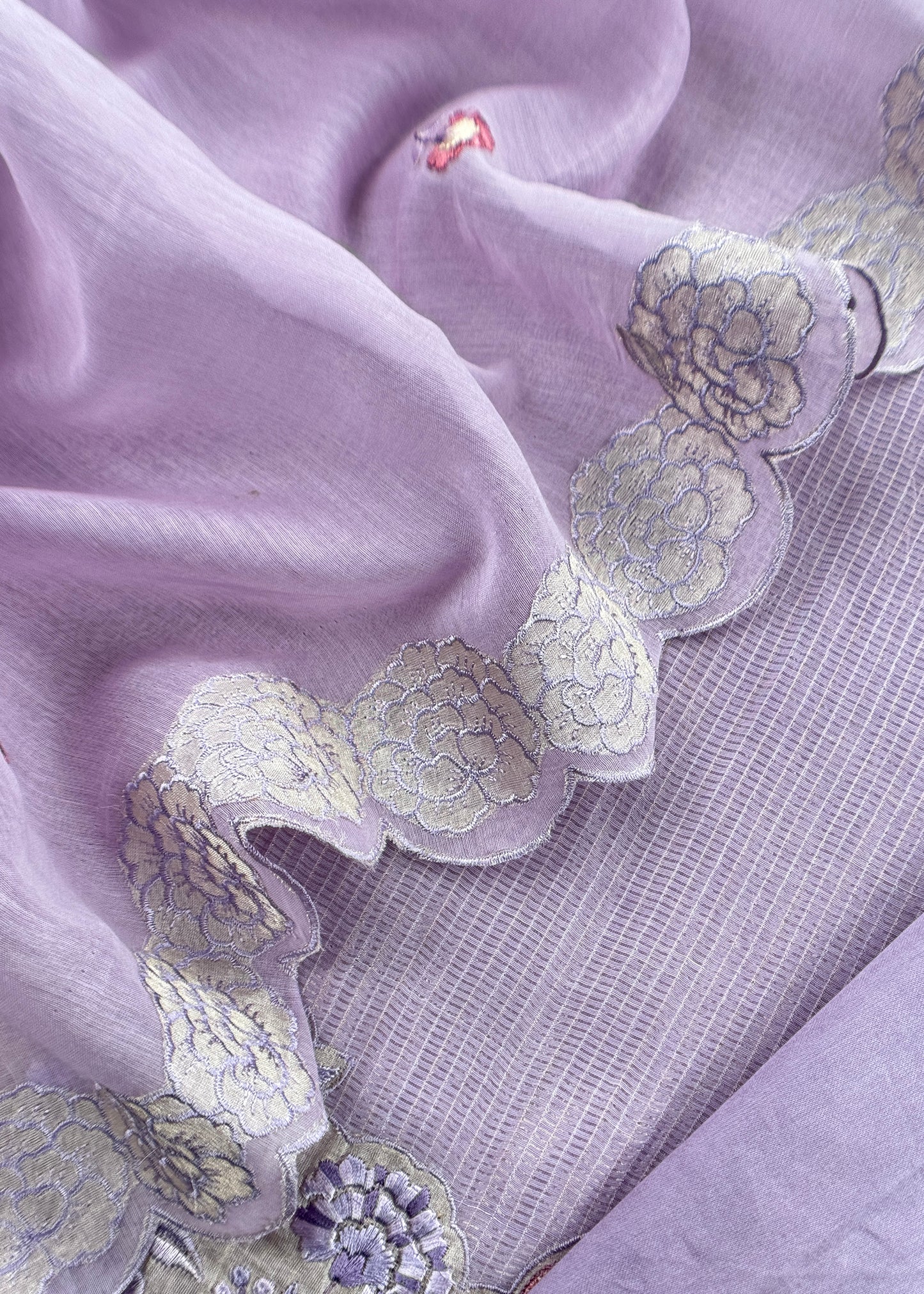 Lavender Flamingo Mulmul Tissue Unstitched Suit Fabric With Appliqué Work