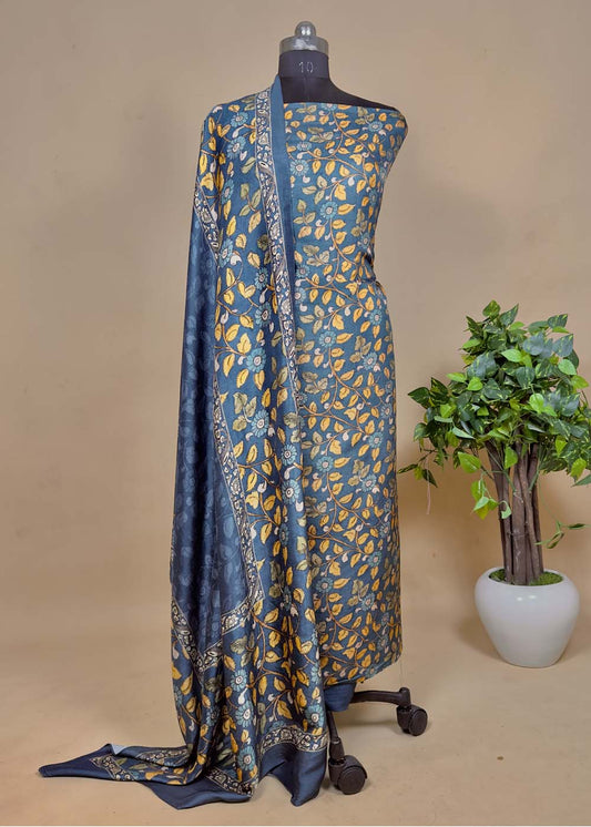 Blue Raw Silk Suit In Digital Print